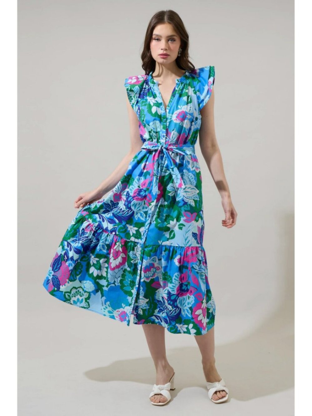 NWT Sugarlips Lavera Floral Charlotte Button Midi Dress - Blue Multi - XS